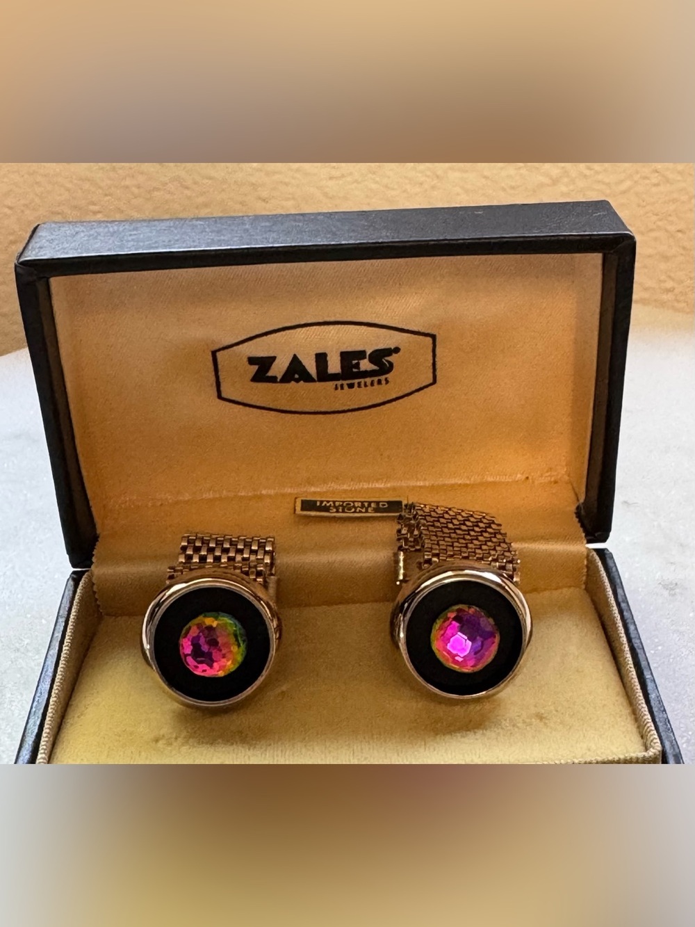 Gold Tone Mesh Cufflinks with Iridescent Prism Art glass Stones